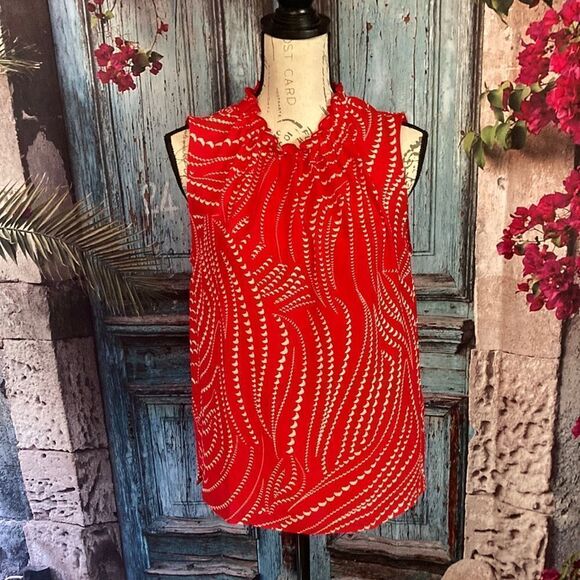 Ann Taylor Factory red and white sleeveless sheer tunic top, size medium, EUC - Picture 1 of 9